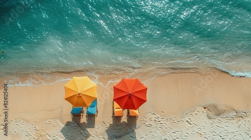 Aerial view of yellow and blue umbrellas on empty sandy beach, blue sea at sunset in summer photo