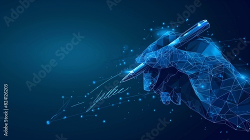 A futuristic digital hand made of blue network lines, holding a pen and signing a digital document, symbolizing electronic signatures and advanced technology. photo