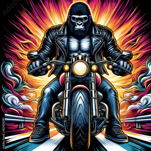 Fierce Gorilla Riding a Powerful Motorcycle photo