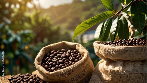 sack and coffe bean on coffe farm with sunshine, The image is a clear and direct representation of coffee, making it perfect for websites, advertisements, packaging photo