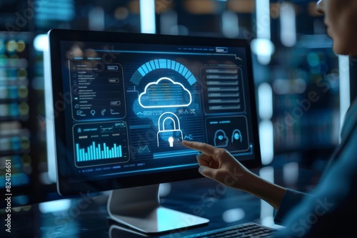 Analyzing data on a screen with a secure cloud lock interface, highlighting advanced digital security and network protection in a high-tech environment.