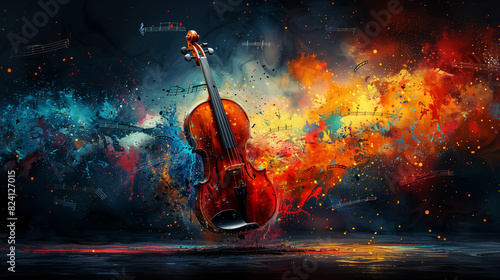 abstract pattern with violin in color powder explosion, music concept. Wall Art Poster Print Design for Home Decor, 4K Wallpaper and Background for Computer, Smartphone, Cellphone, Mobile Cell Phone