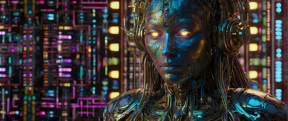 Statue with cybernetic features and blurred face Statue with cybernetic features and blurred face