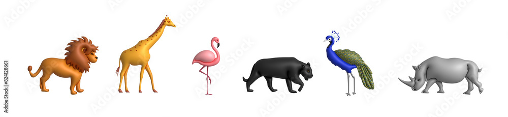 Pack of 6 wild animals in 3d cartoon style, set on a transparent background. Lion, flamingo, giraffe, pantera, peacock, rhino Pack of 6 wild animals in 3d cartoon style, set on a transparent background. Lion, flamingo, giraffe, pantera, peacock, rhino