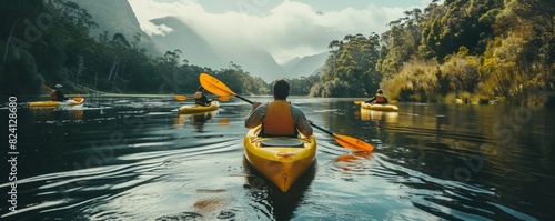 A group of friends joyfully paddling kayaks down a river photo
