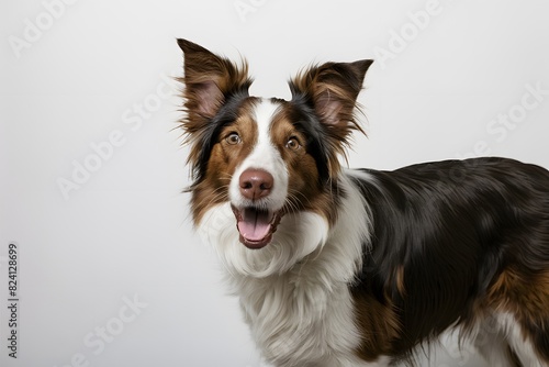 Energetic Border Collie with unique white and brown coat, perked ears, and alert eyes