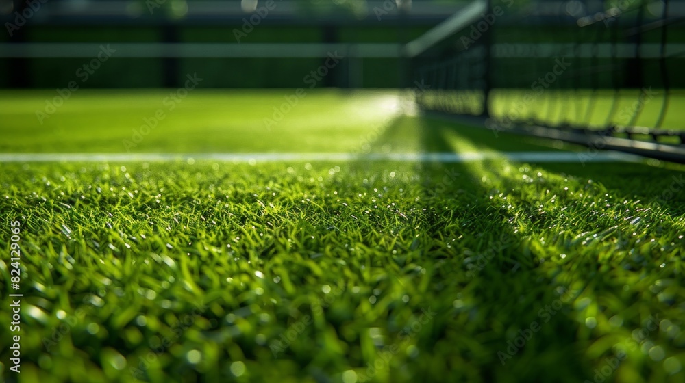 A tennis court with a green grass field and a net