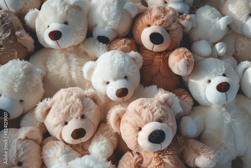 full frame image of cute teddy bears hugging in pile toy photography with soft lighting