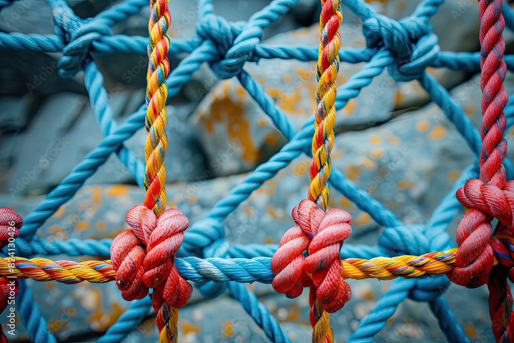 A blue and red rope with yellow strings. The rope is tied in a knot A blue and red rope with yellow strings. The rope is tied in a knot