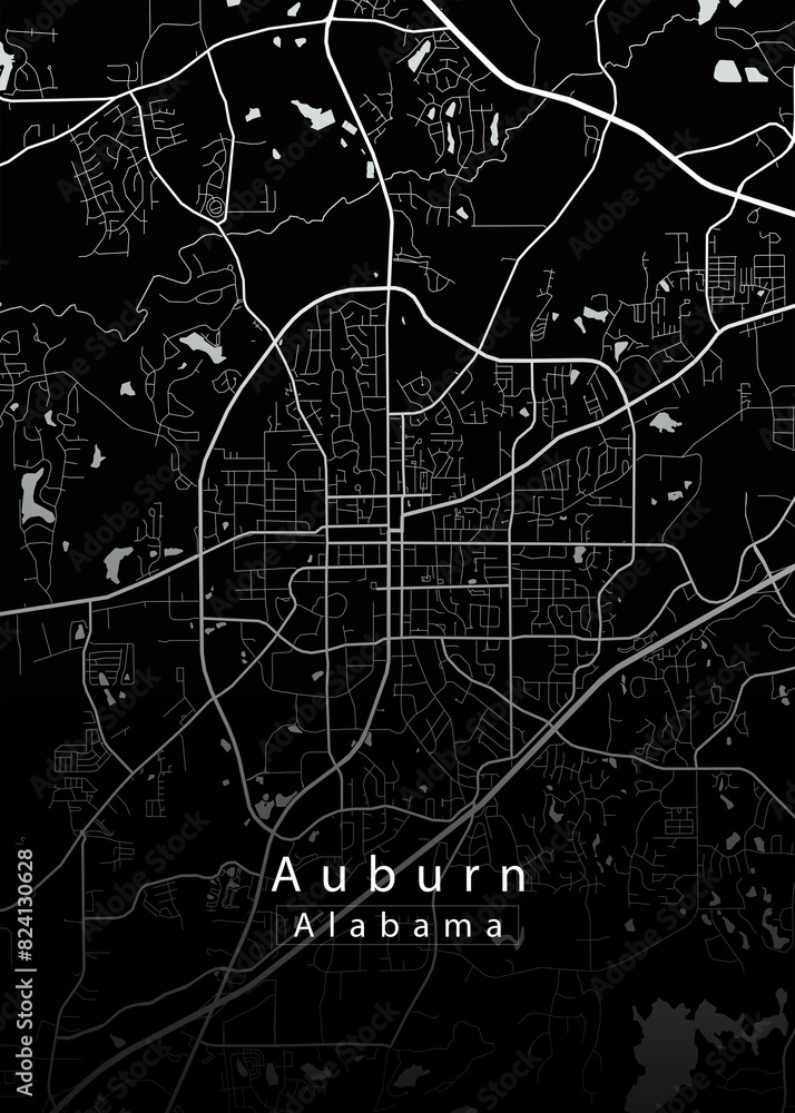 Minimalist black map of Auburn, Alabama – A modern map print highlighting infrastructure of the city, useful for tourism purposes
