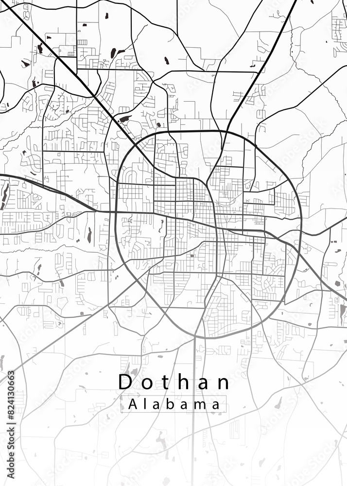Minimalist white map of Dothan, Alabama – A modern map print highlighting infrastructure of the city, useful for tourism purposes
