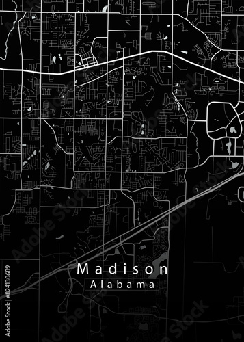 Minimalist black map of MAdison, Alabama – A modern map print highlighting infrastructure of the city, useful for tourism purposes
 photo