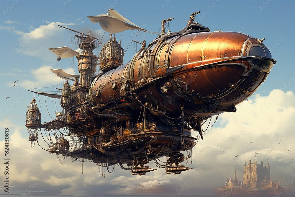 Steampunk Airship in a Mystical Setting Steampunk Airship in a Mystical Setting