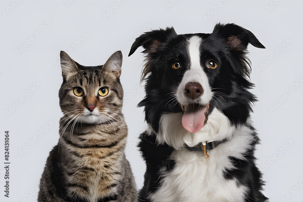 A tabby cat and Border Collie sitting together, both looking adorable