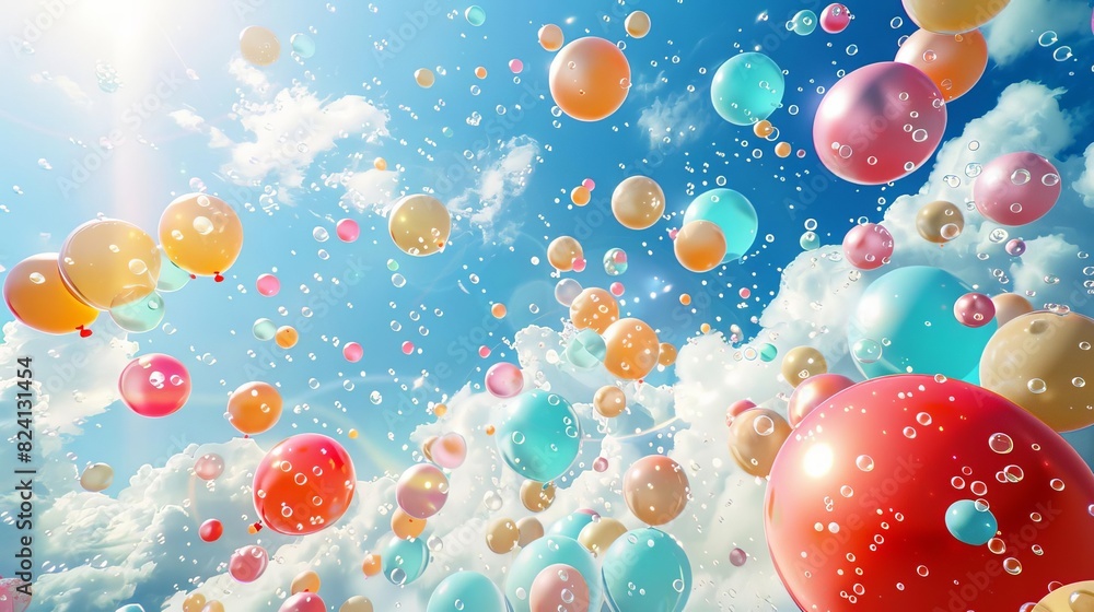 Vibrant balloons floating in the sky, clear blue backdrop with white clouds Vibrant balloons floating in the sky, clear blue backdrop with white clouds