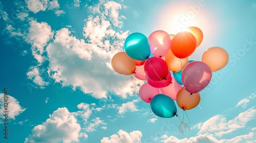 Brightly colored balloons soaring in a clear blue sky, fluffy clouds in the background photo