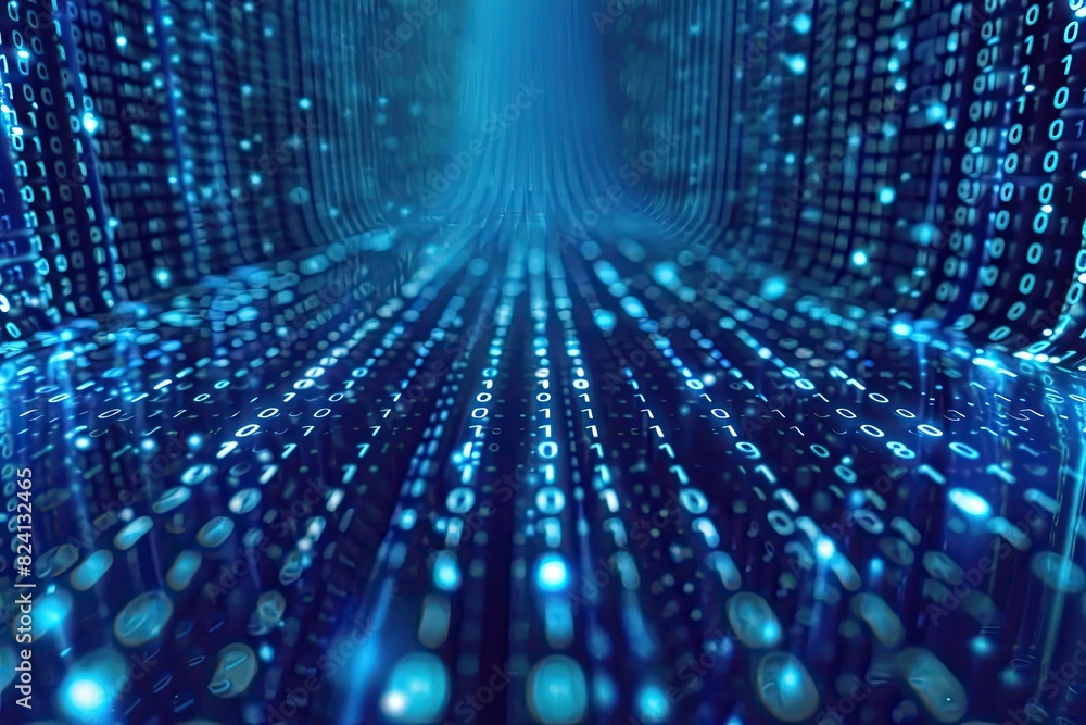 A blue background with a series of numbers and dots. The image is abstract and has a futuristic feel to it