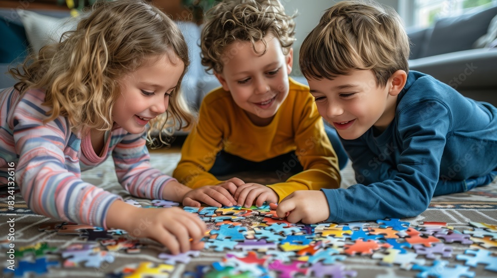 Three children working together on a puzzle on the floor Three children working together on a puzzle on the floor