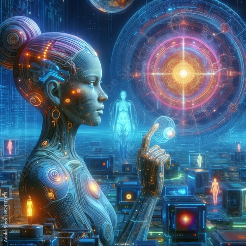 A hyper-realistic cyber woman interacting with a futuristic interface  showcasing advanced technology and digital evolution.