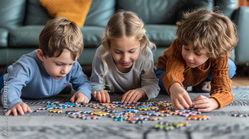Three children work together to solve a puzzle on the floor Three children work together to solve a puzzle on the floor