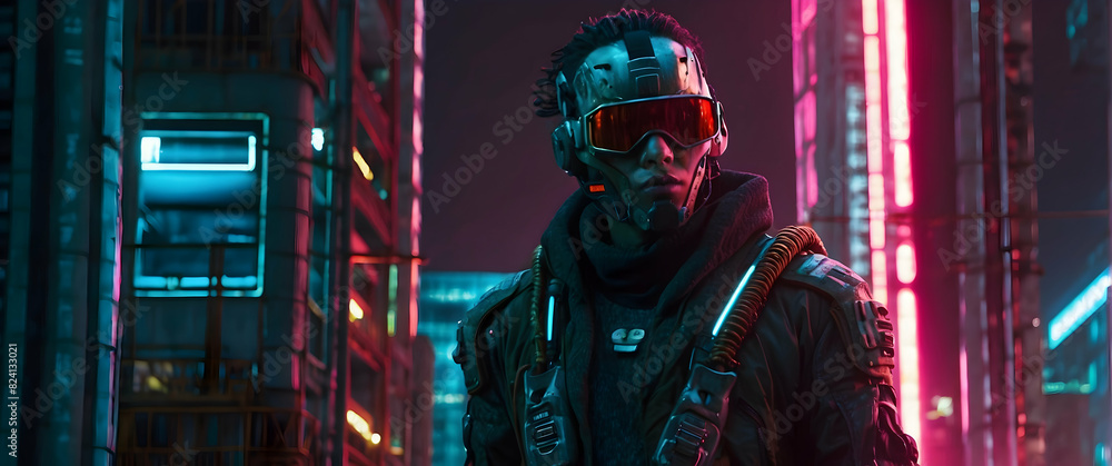 Cyberpunk character in neon city Cyberpunk character in neon city