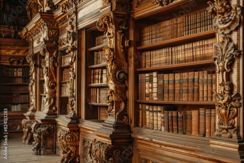 A large, ornate library filled with shelves of books. The shelves are made of wood and are arranged in a way that creates a sense of depth and grandeur. The books are of various sizes and colors photo