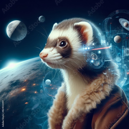 An imaginative depiction of a ferret dressed as an astronaut, floating above Earth with a futuristic helmet and digital interfaces, exploring outer space.