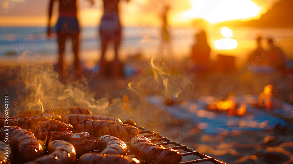 Foreground Focus: The central focus of the image is a barbecue grill. It’s sizzling with various meats, including sausages and burgers Foreground Focus: The central focus of the image is a barbecue grill. It’s sizzling with various meats, including sausages and burgers