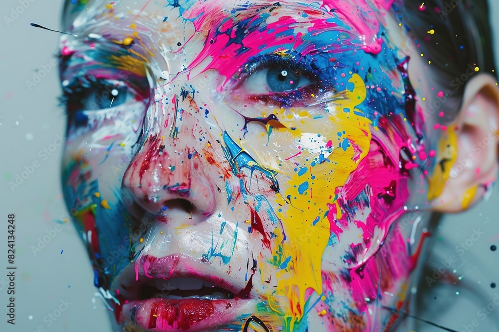 A portrait with a burst of colorful paint splatters obscuring the facial features