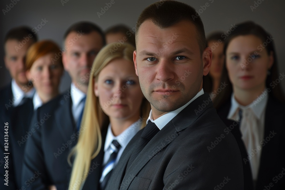 Portrait of a confident businessman standing in front of his team. Portrait of a confident businessman standing in front of his team.