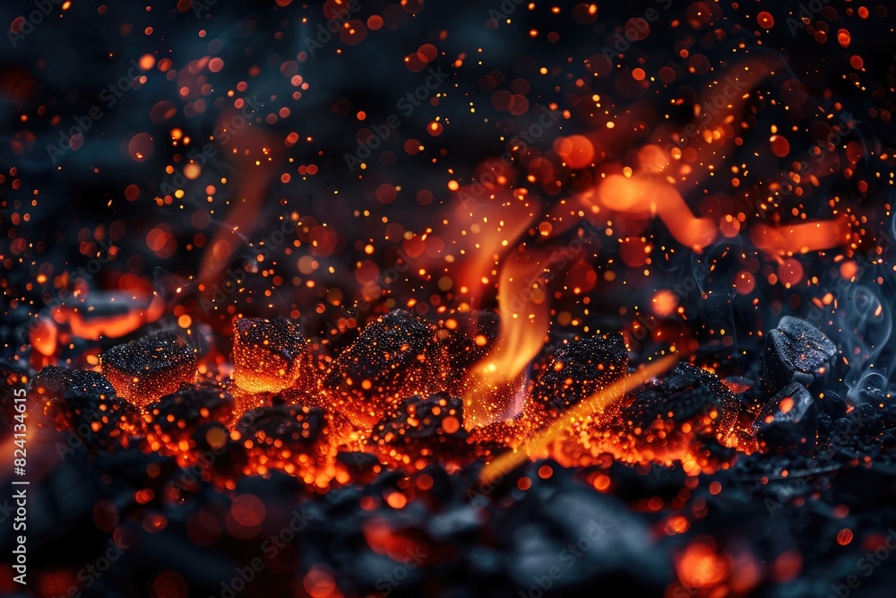 A pile of burning coal with a lot of smoke and sparks. The scene is dark and smoky, with the coal burning brightly and creating a sense of danger. The fire is intense and consuming A pile of burning coal with a lot of smoke and sparks. The scene is dark and smoky, with the coal burning brightly and creating a sense of danger. The fire is intense and consuming