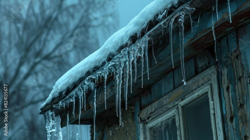A house with icicles hanging from the roof. The house is old and has a blue roof. The icicles are dripping water and the mood of the image is cold and eerie