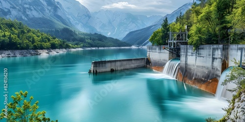 Hydroelectric power plant quietly generates electricity in serene valley setting. Concept Renewable energy, Power generation, Hydroelectric plant, Environmental impact, Valley landscape photo