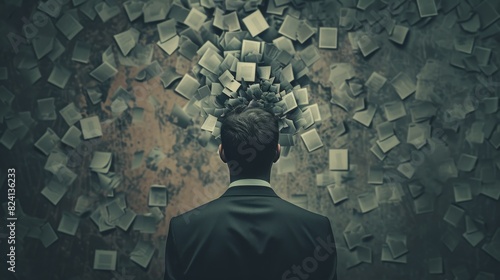Dramatic portrayal of a man in a dark suit, overwhelmed as numerous papers whirl around him in a storm-like office setting. photo