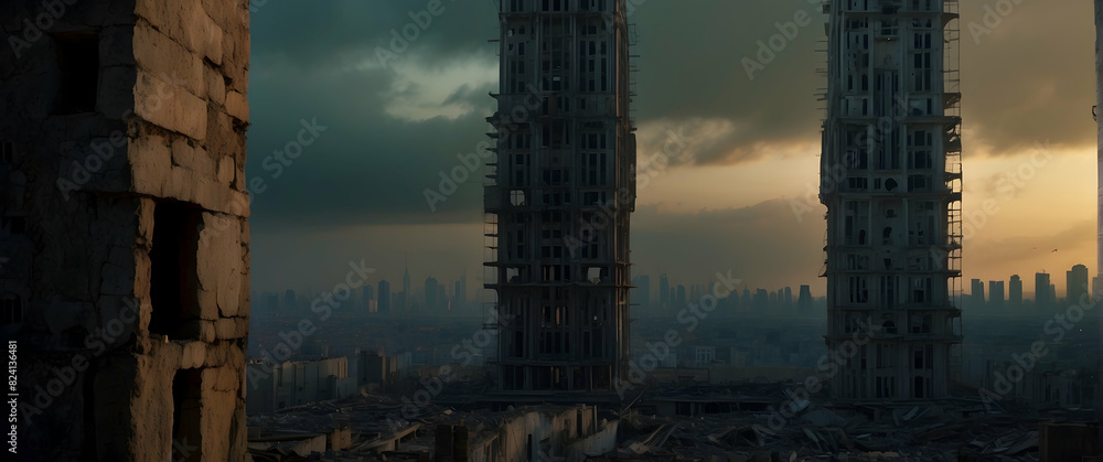 Naklejka premium Decaying towers in a desolate urban landscape