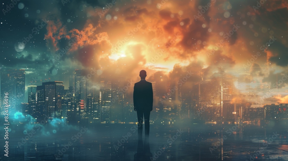 Silhouetted man stands overlooking a futuristic city with dramatic clouds and lights, depicting themes of solitude and anticipation. Silhouetted man stands overlooking a futuristic city with dramatic clouds and lights, depicting themes of solitude and anticipation.