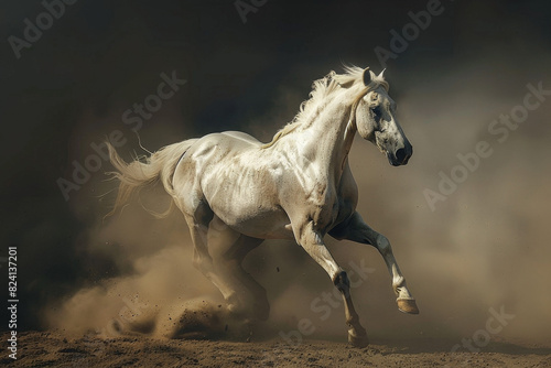 Beautiful white horse running in the dust on a dark background  in a full body style