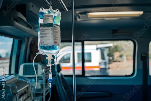 IV bag hangs inside medical vehicle with equipment, suggesting movement outside through window
