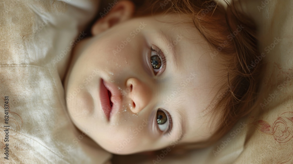 Peaceful scene of a baby lying down, eyes glittering with a soft golden sparkle, capturing a moment of tranquility.