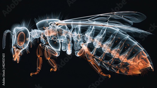 X-ray image of a honeybee showing detailed anatomy and internal structures with a black background photo