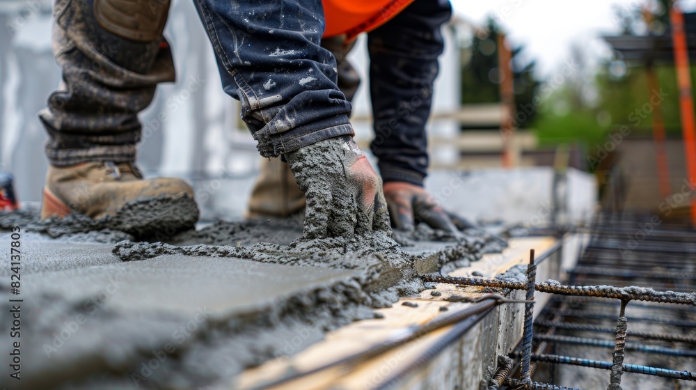 A construction worker using a pneumatic formwork system to easily adjust and mold concrete into desired shapes resulting in a precise and smooth finish. A construction worker using a pneumatic formwork system to easily adjust and mold concrete into desired shapes resulting in a precise and smooth finish.