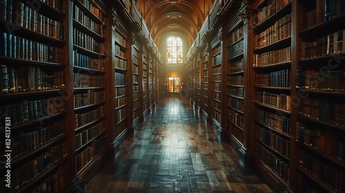 Dimly lit grand library hallway with tall wooden bookshelves filled with books and a bright window at the end