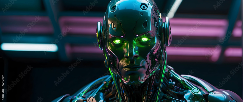 Realistic android with glowing green eyes Realistic android with glowing green eyes