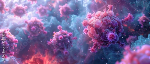 Wallpaper Mural Close-up of vibrant, microscopic view of a virus with intricate details in pink and purple hues, surrounded by a cloudy, nebula-like background, showcasing the complexity and beauty of microorganisms. Torontodigital.ca