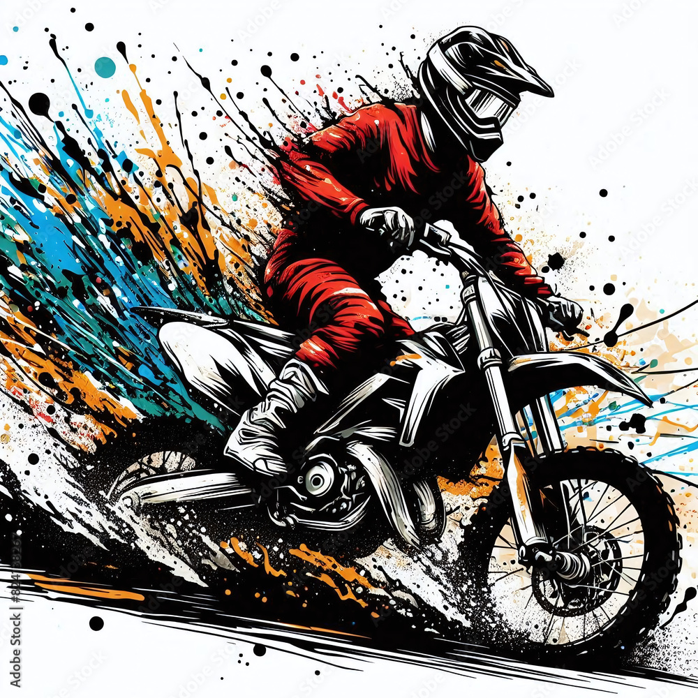 splashy vector illustration of man riding motocross motorcycle, extreme sports art