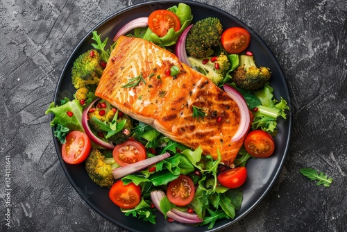 Grilled salmon fish fillet and fresh green leafy vegetable salad with tomatoes, red onion and broccoli. Healthy food. Ketogenic lunch. Top view - generative ai