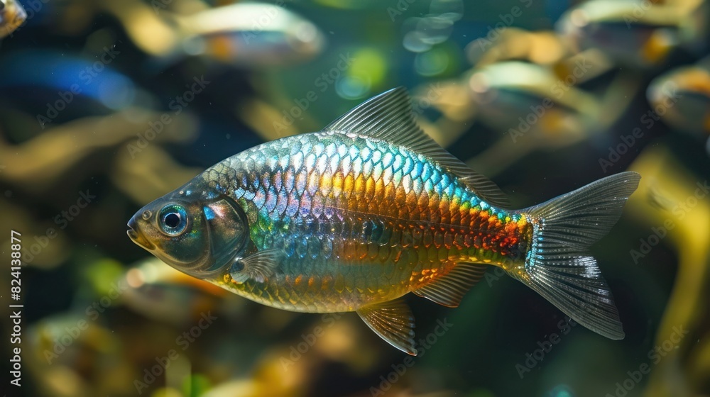 A colorful fish swimming in a tank with green plants A colorful fish swimming in a tank with green plants