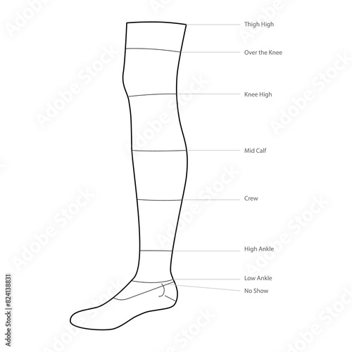 Diagrams of sock length with text names. Hosiery Fashion accessory clothing technical illustration. Vector side view for Men, unisex style, flat template CAD mockup sketch outline isolated on white