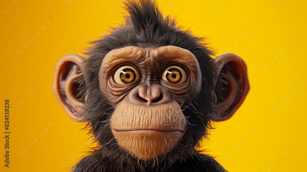Close-up of a young monkey with a contemplative look, set against a bold yellow backdrop, showcasing its intricate facial details and thoughtful expression.