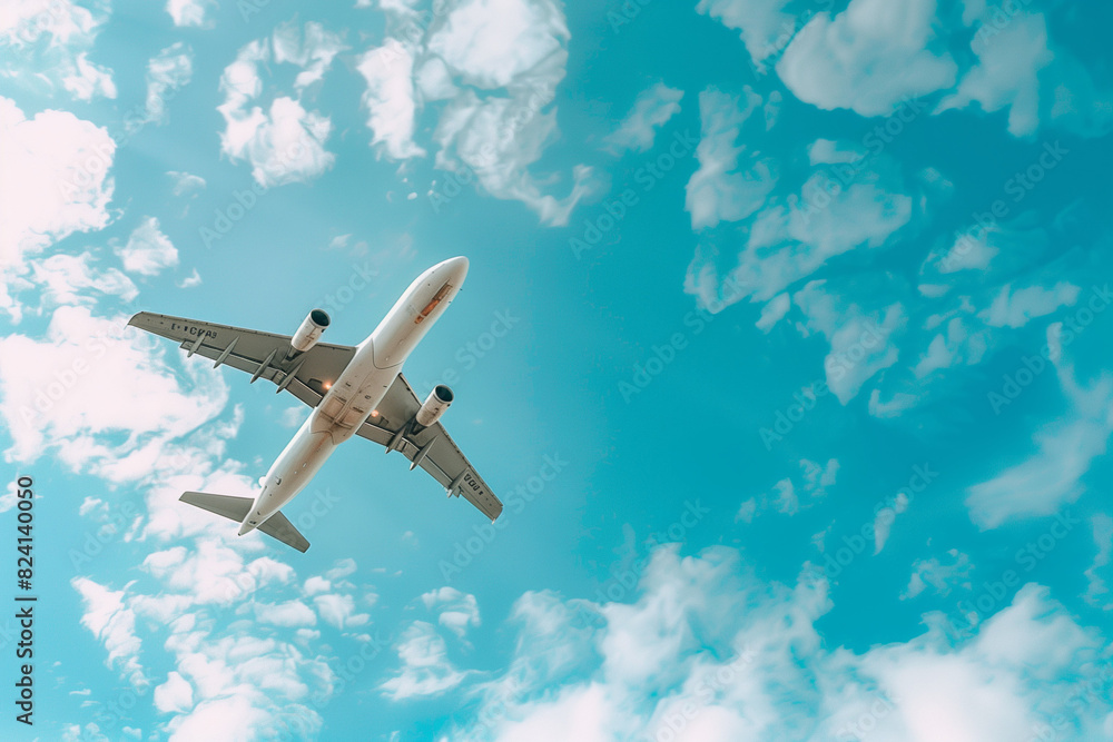Obraz premium Airplane flying in a blue sky with copy space for travel, showcasing the allure of a vacation getaway and the convenience of air travel for any trip